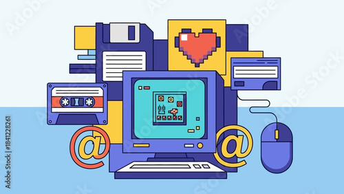 Retro Computer Setup with Floppy Disks and Cassette Tapes.