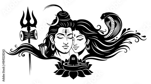 Lord Shiva and Goddess Parvati divine couple with trishul and cobra vector illustration for tattoo or religious design