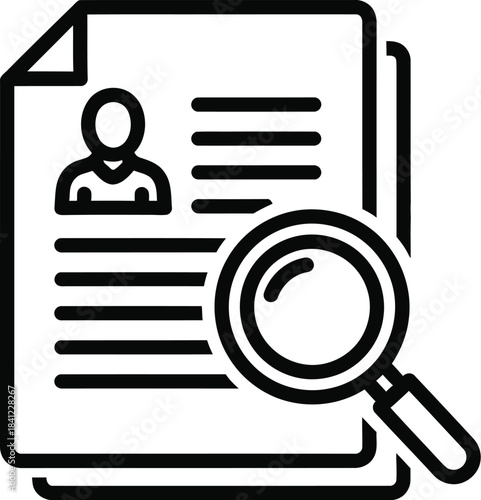 Resumé document with person icon and magnifying glass, symbolizing job search and review of qualifications.
