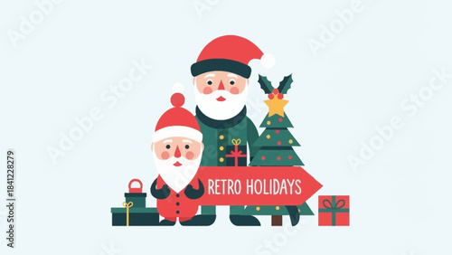 Retro Holiday Celebration with Santa Claus and Christmas Tree.