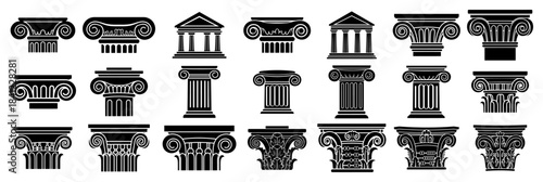Classical Column Capital Icon Set Line Art Vector – Greek Roman Pillar Architecture