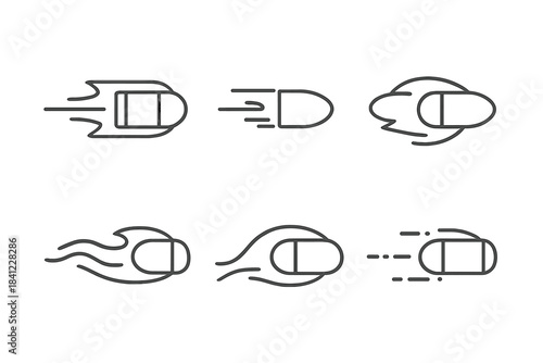 Set of six outline icons depicting fast moving bullets or ammunition rounds with motion trails