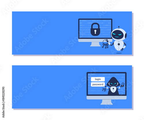 Horizontal background for Cybersecurity with copy space for text. Vector AI robot with stolen passwords for presentations, websites, social media