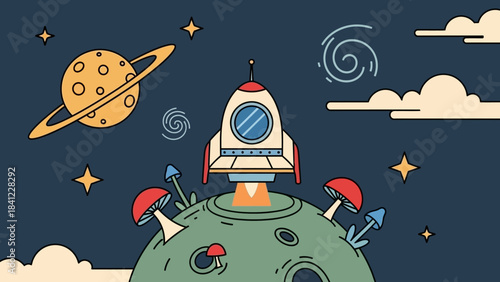 Rocket Launching from Alien Planet with Mushrooms and Saturn.