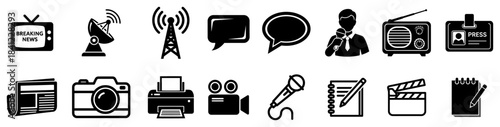 Media and Journalism Icon Set Line Art Vector – News Broadcast Communication Symbols