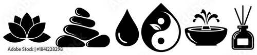 Spa Wellness Icon Set Silhouette Vector – Lotus Stones Water Drop Yin Yang Aromatherapy