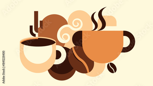 Two cups of coffee with steam and coffee beans illustration.