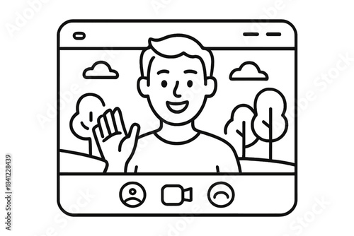 Smiling person waving hello during a video conference call on a digital screen