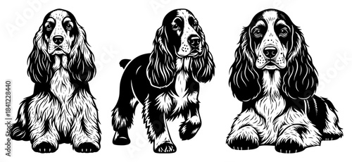Cocker Spaniel Dog Poses Set – Detailed Pedigree Pet Line Art Vector Illustration