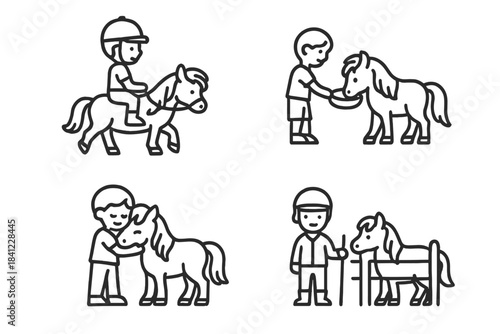 Children interacting with ponies, riding, feeding, and grooming activities