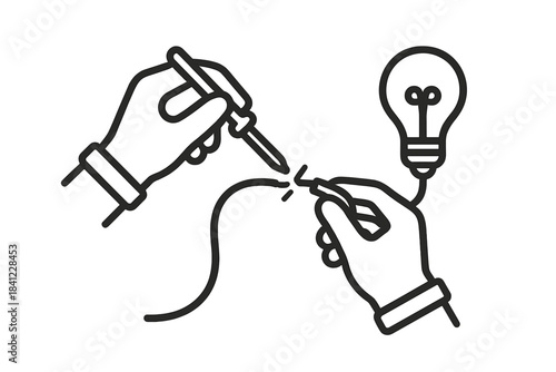 Hands soldering a broken electrical wire connected to an illuminated light bulb