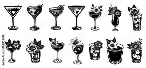 Floral Cocktail Drink Icons Collection – Elegant Bar Mixology Line Art Vector Set