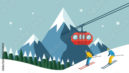 Two skiers enjoying a winter day on the slopes with a red gondola overhead.