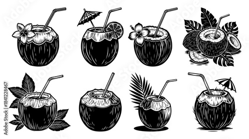 Tropical coconut cocktail drink set vector illustration featuring fresh fruit beverages with straws and umbrellas in summer holiday sketch style