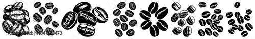 Collection of roasted coffee beans in various styles black and white vector illustration set for cafe design