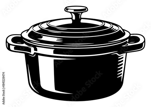 Heavy cooking pot with lid vector illustration featuring a classic cast iron casserole dish for kitchen and food design in black and white style