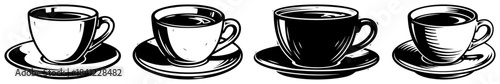 Set of four vintage woodcut style coffee cups on saucers black and white vector illustration for retro cafe branding