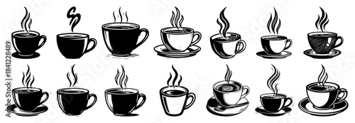 Large set of hot steaming coffee cup icons and silhouettes black and white vector collection for menu
