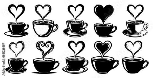 Set of coffee cups with steam in heart shape vector silhouette and line art icons for cafe logo or valentines day design