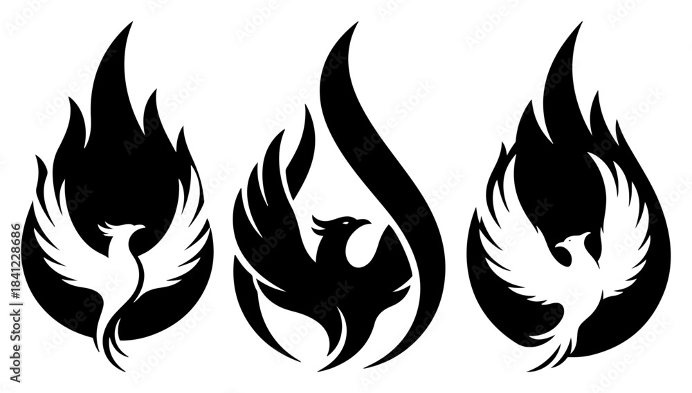 Naklejka premium Phoenix Rising Icons in Flames Set Bold Fire Bird Vector Illustration