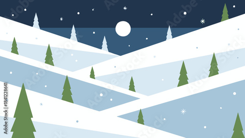 Winter wonderland landscape with snow-covered hills and pine trees under a full moon.