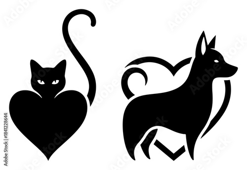 Heart Cat and Swirl Dog Silhouette Vector – Pet Love Animal Logo Icons
