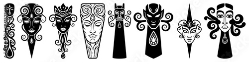 Tribal Ornamental Mask Icon Set Line Art Vector – Ethnic Decorative Face Symbols