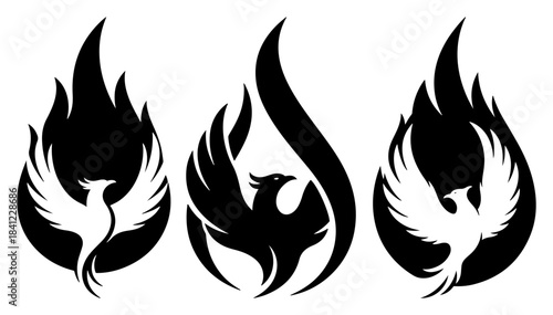 Phoenix Rising Icons in Flames Set Bold Fire Bird Vector Illustration