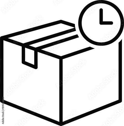 Delivery time icon: simple line art of a closed cardboard box with a clock symbol indicating shipping.