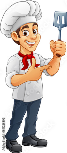 A chef, baker or cook cartoon mascot man holding spatula or barbecue flipper pointing