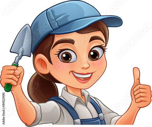 A woman female bricklayer holding a mortar trowel tool builder construction cartoon character mascot.