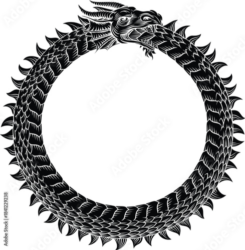 An Ouroboros or Uroboros circle dragon eating its tail circular symbol in a vintage woodcut etching style.