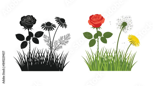 A colorful arrangement of roses dandelions and daisies with green foliage