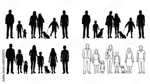 Silhouettes of families and individuals including adults children and pets displayed