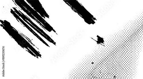 Dynamic black ink brush strokes on a white background, creating an abstract and expressive composition with diagonal lines and splatters.