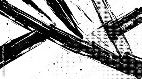 Dynamic black ink brush strokes on a white background, creating an abstract and expressive composition with diagonal lines and splatters.