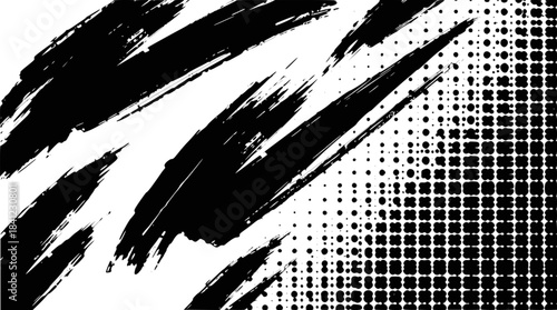 Dynamic black ink brush strokes on a white background, creating an abstract and expressive composition with diagonal lines and splatters.
