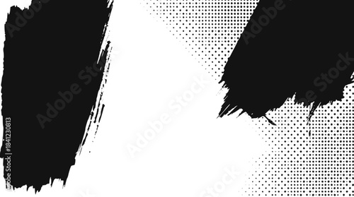 Dynamic black ink brush strokes on a white background, creating an abstract and expressive composition with diagonal lines and splatters.