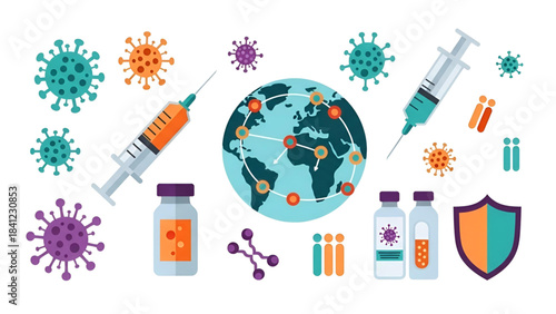 Global vaccination campaign against coronavirus syringes, vials, virus particles, and world map illustration