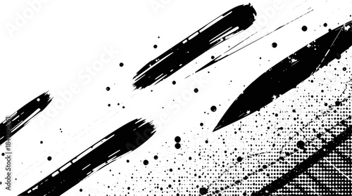 Dynamic black ink brush strokes on a white background, creating an abstract and expressive composition with diagonal lines and splatters.