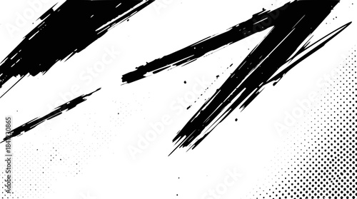 Dynamic black ink brush strokes on a white background, creating an abstract and expressive composition with diagonal lines and splatters.