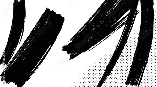 Dynamic black ink brush strokes on a white background, creating an abstract and expressive composition with diagonal lines and splatters.