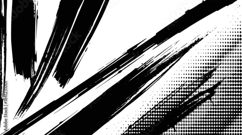 Dynamic black ink brush strokes on a white background, creating an abstract and expressive composition with diagonal lines and splatters.