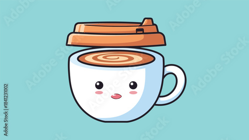 Cute Coffee Cup Character with Lid and Kawaii Face.