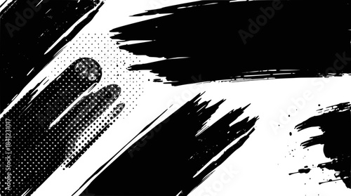 Dynamic black ink brush strokes on a white background, creating an abstract and expressive composition with diagonal lines and splatters.