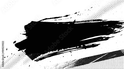 Dynamic black ink brush strokes on a white background, creating an abstract and expressive composition with diagonal lines and splatters.