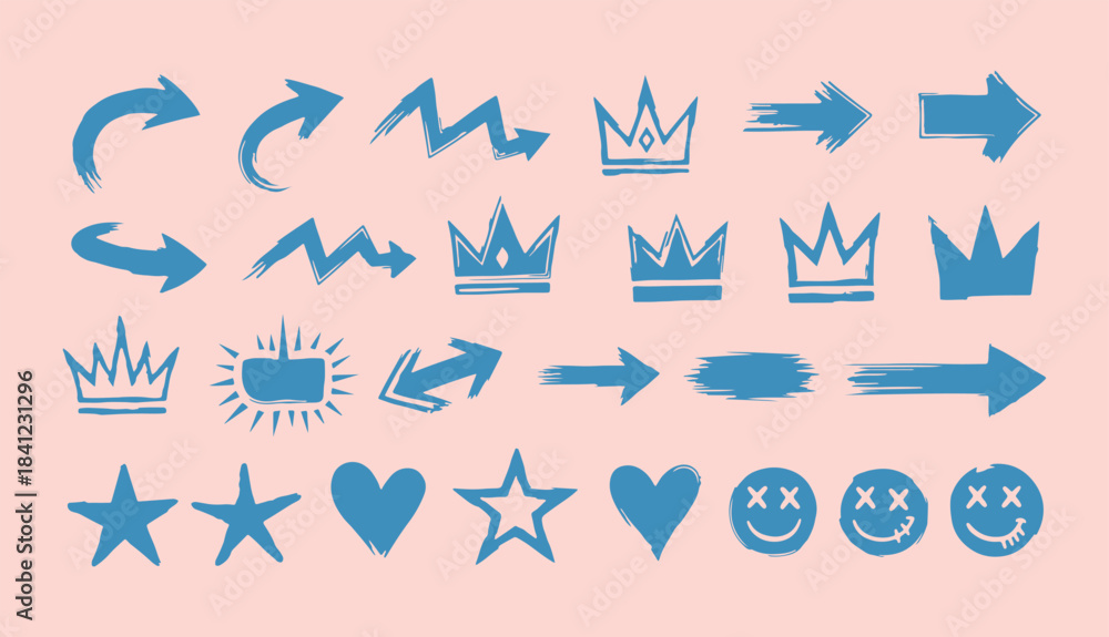 Fototapeta premium Hand-drawn grunge doodle set featuring arrows, crowns, stars, hearts, and expressive smiley faces in rough brush style