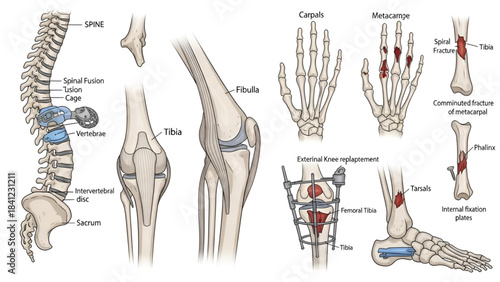 Diagram illustrating various human joints and skeletal structures with labels for anatomy and conditions