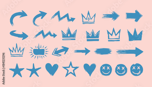 Hand-drawn grunge doodle set featuring arrows, crowns, stars, hearts, and expressive smiley faces in rough brush style