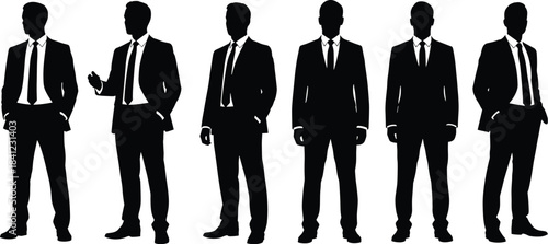 The image presents a lineup of six silhouetted men in suits against a white background.